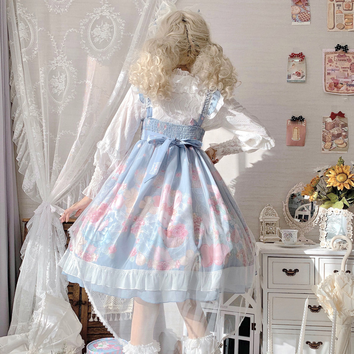 Sweet Lolita Cupcake Cat Print JSK Dress with Lace Ruffles Big Bow Kawaii Princess Style